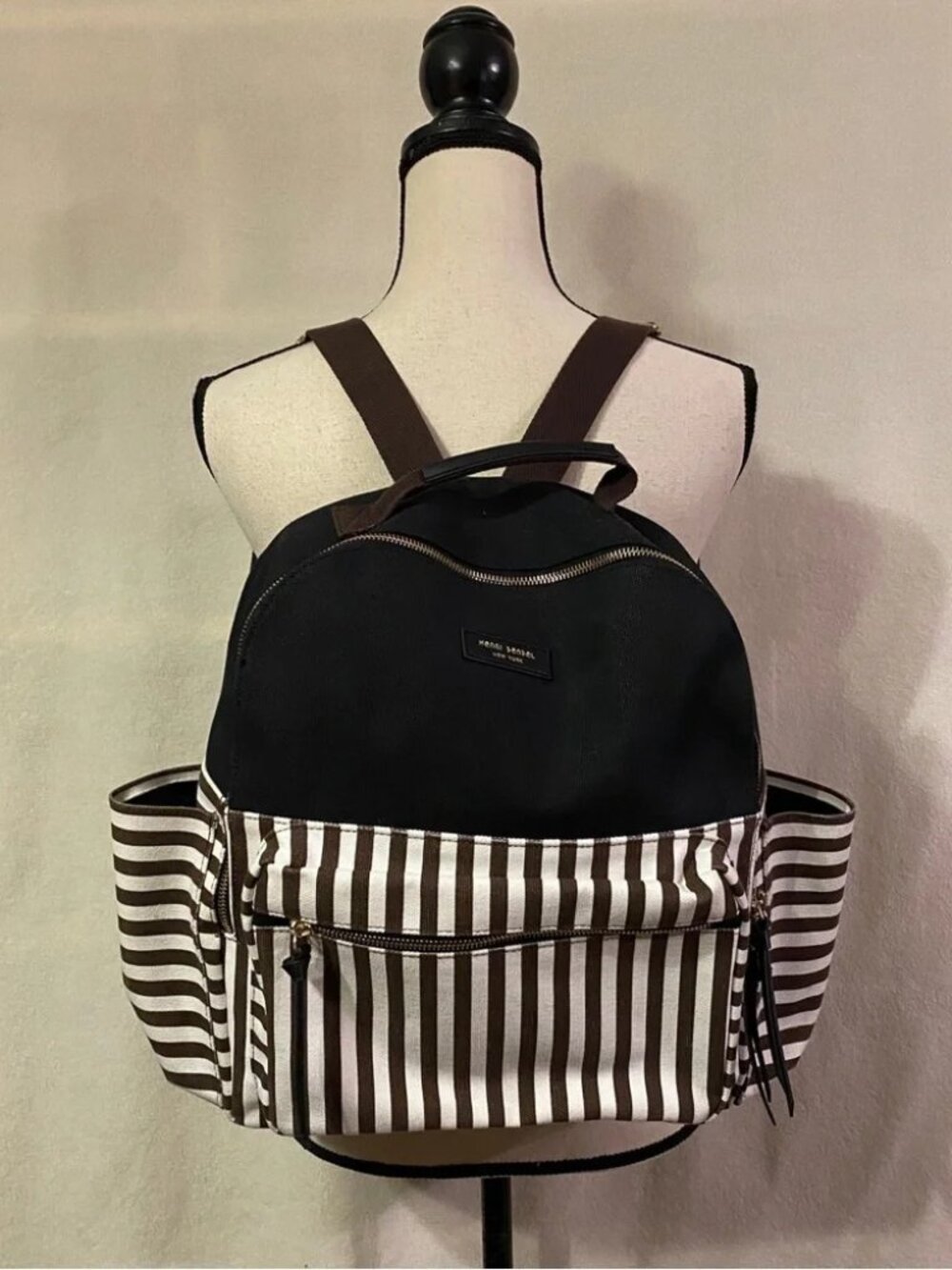 Henri Bendel black white brown striped canvas backpack large